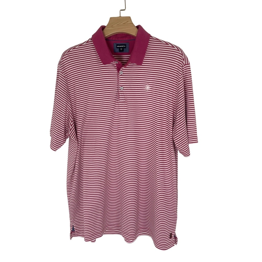 Ashworth Mens XL Striped Golf Polo Shirt Pink White 100% Cotton Short Sleeve